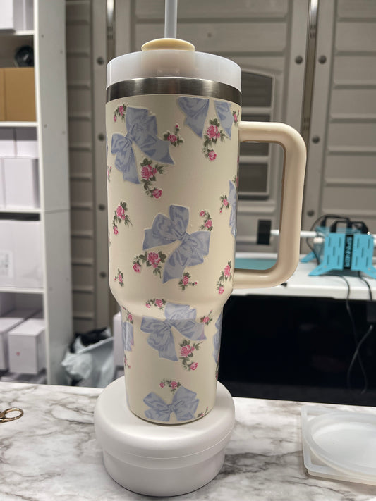 Pre-Made 40oz Blue Bow and Flowers Tumbler